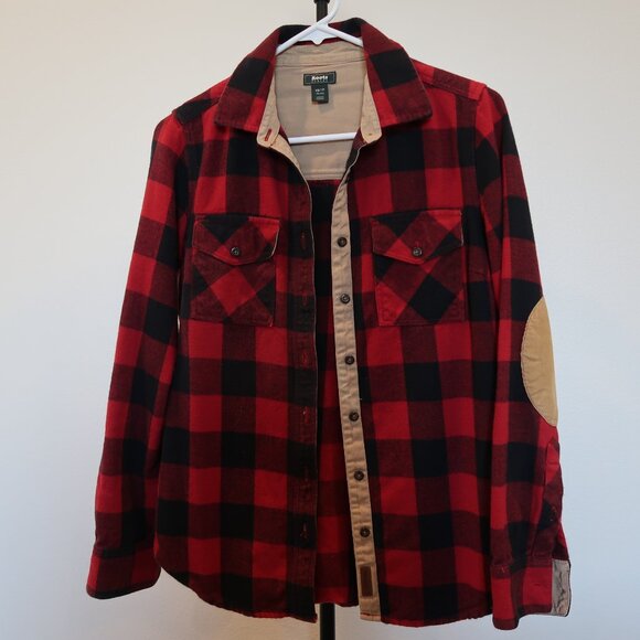 Roots Canada Shirt Womens XSmall Red Buffalo Check Black Flannel Elbow Patch - Picture 1 of 6